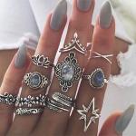 Fashion 11Pcs Boho Vintage Ring Set Silver Rings Crystal Finger Rings Set Jewelry