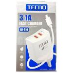 Tecno Fast Charger With 2 USB Ports + A USB Cable