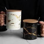 Generic Gold Marble Print Ceramic Mug With Wooden Lid  + Spoon 2pcs