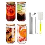 Generic 4 Pack Drinking Glasses with Bamboo Lid 16Oz Can Shaped Glass
