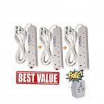 Power King 3x 4 Way Extension Sockets Cable + Free Multi Plug