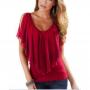 Generic Fashion Women Top Shirt Short Sleeve Off-shoulder Casual Chiffon Shirt-wine Red-XXL