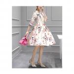 Fashion Women`s Scoop Neck 3/4 Long Sleeve  Vintage Retro Floral Vintage Midi Large Swing Dress