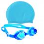 Fashion Set Of Sky Blue Silicone Swimming Cap & Blue Swimming Goggles Gear