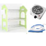 Nunix 3 Layers Dish Rack, One Electric Hot Plate & Lyons Dry Iron Box