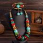 African Beads Jewelry Set with Turquoise Collar Statement Necklace, Ball Drop Earrings & Bracelet multi-colored standard size