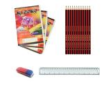 12 Pcs Exercise Books +  12 Pcs HB Pencil + One 30cm Ruler + One School Rubber