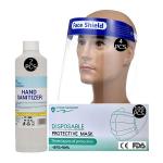 Face shield(4 pcs), 2 Box 3ply Surgical Face Mask(100pcs), 500ml Hand Sanitizer(2 pcs)