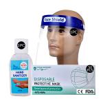 Face shield(1 pc), 1 Box 3ply surgical face mask (50pcs), 50ml Hand Sanitizer( 1 Pc)