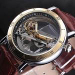 Forsining Retro Steampunk Design Transparent Skeleton Dial Roman Number Bezel Mens Automatic Watch Top Brand Luxury (GOLD) BlueLine