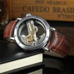 Forsining New Fashion Casual Top Brands Luxury Self-Wind Automatic Mechanical Watch Men`s Rose Gold Case Leather Skeleton Watch relogio (Brown) BlueLine