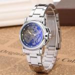Winner Ladies`fashion, leisure, compact steel band, blue glass hollow automatic mechanical watch