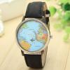 Duoya Bluerdream-New Global Travel By Plane Map Women Dress Watch Denim Fabric Band -Black